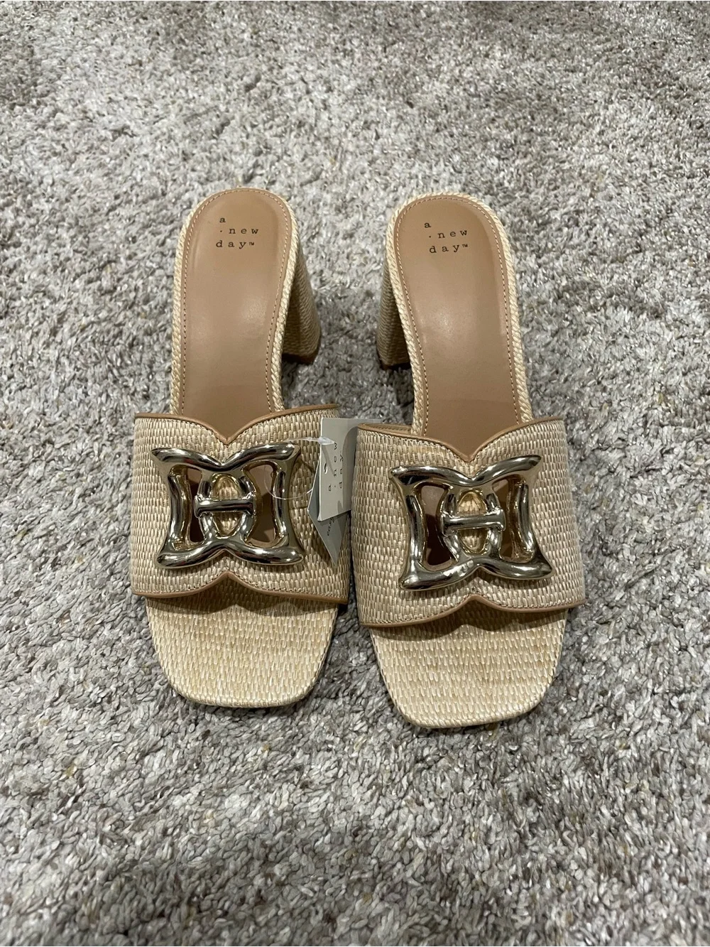 a new day Tan Woven Block Heel Sandals with Gold Accent